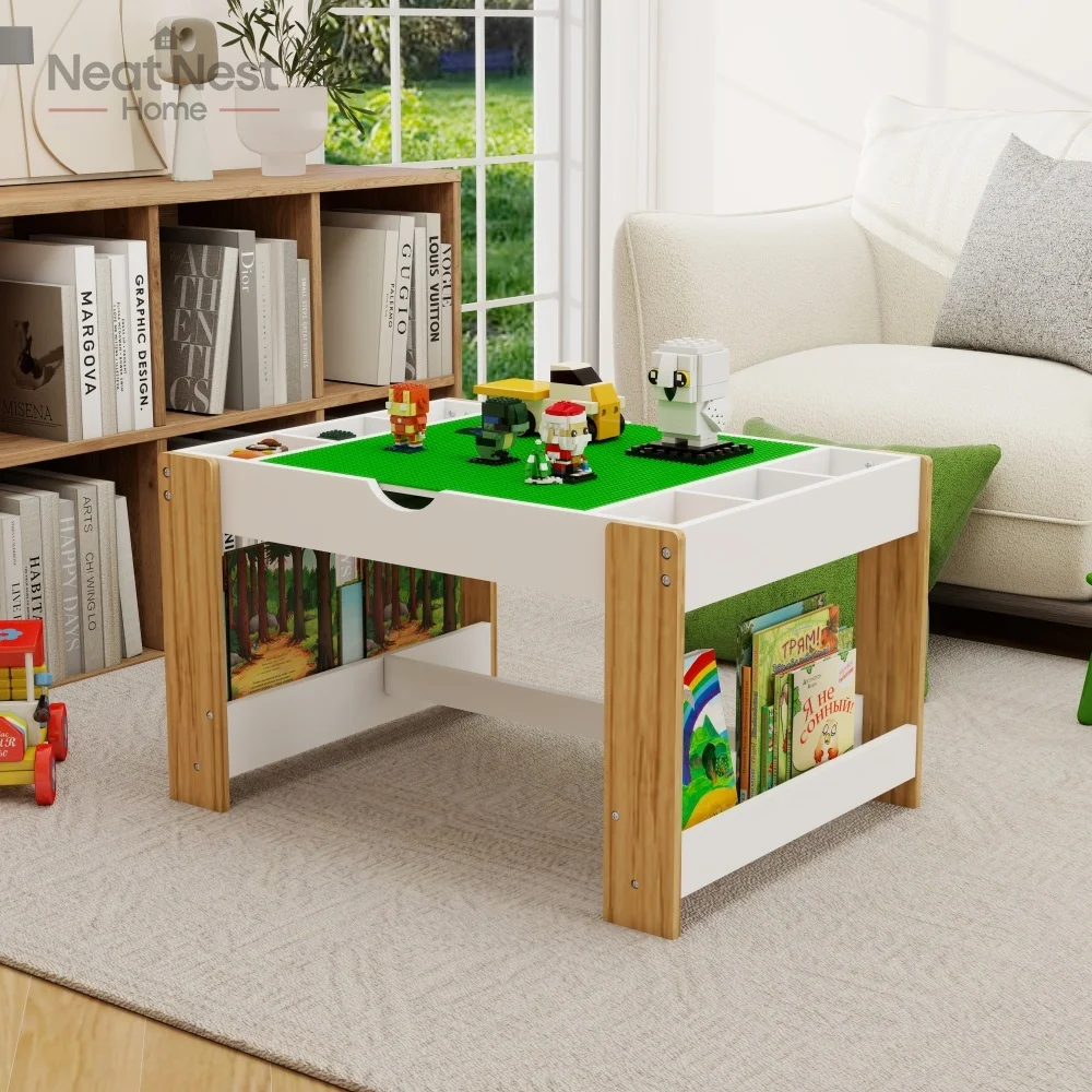 Kids 2 in 1 Play Table,7 Storage Compartments,Compatible with LEGO Building Block,Modern Activity Learning Table Game Furniture