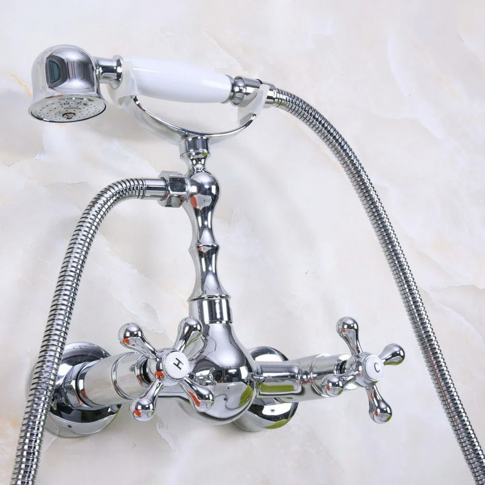 

Polished Chrome Brass Wall Mount Bathtub Faucet with Handheld Shower Set +1500MM Hose Mixer Tap 2na191