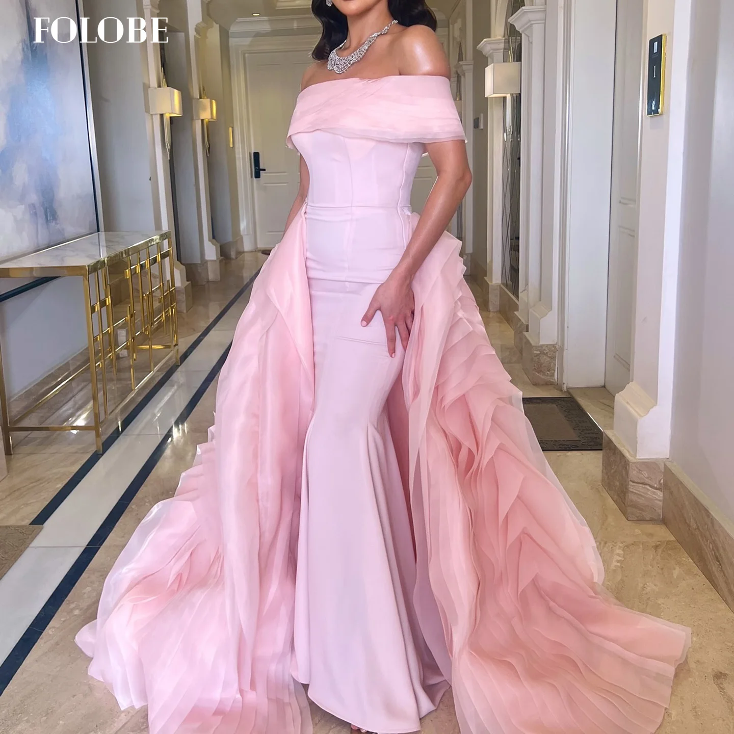 

FOLOBE розовое вечернее платье с открытыми плечами, скромное платье русалки с оборками, модное платье для выпускного вечера для женщин, свадебное платье по индивидуальному заказу