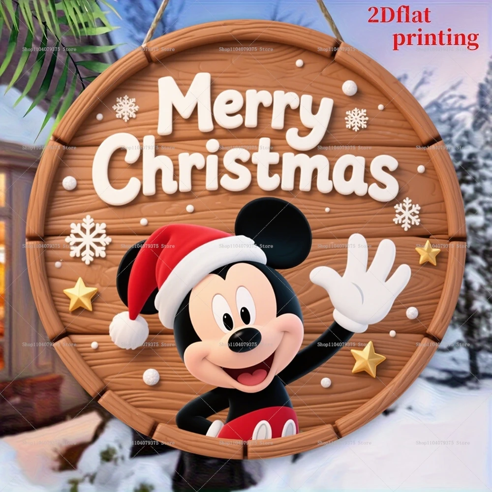 عيد ميلاد سعيد ديزني ميكي شعار شخصية مستديرة خشبية معلقة علامة الباب الأمامي جدار عطلة حزب الاحتفال الديكور