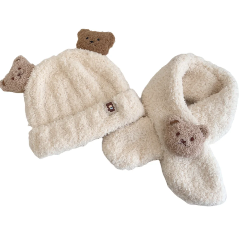 قبعة أطفال على الطراز الكوري مع وشاح لطيف للحفاظ على الدفء، مجموعة قبعات ناعمة كرتونية للأطفال لحماية الأذن للأطفال الصغار