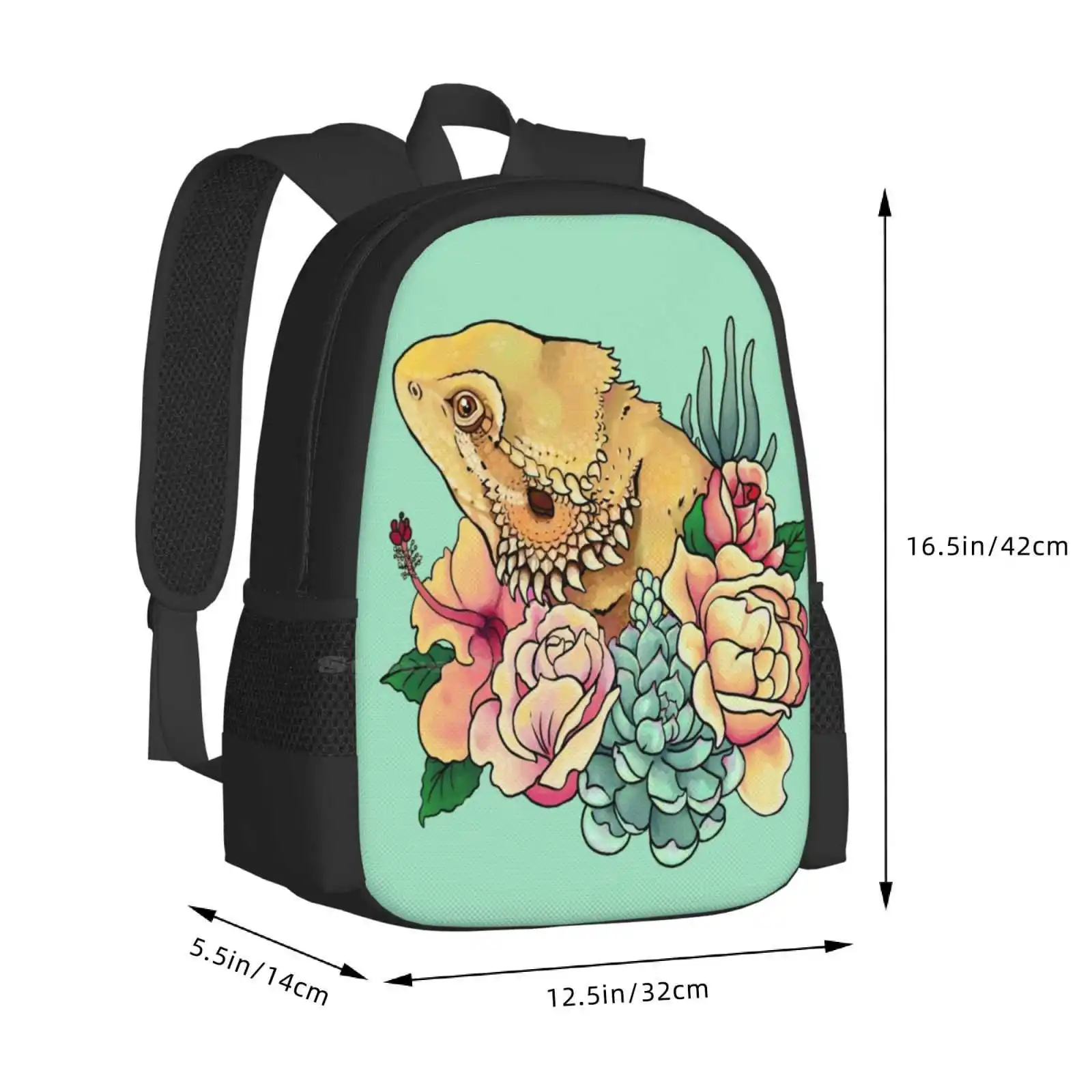 Pastel Bearded Dragon Hot Sale Backpack Fashion Bags Flowers Floral Botanical Beardie Bearded Dragon Reptile Lizard Rose