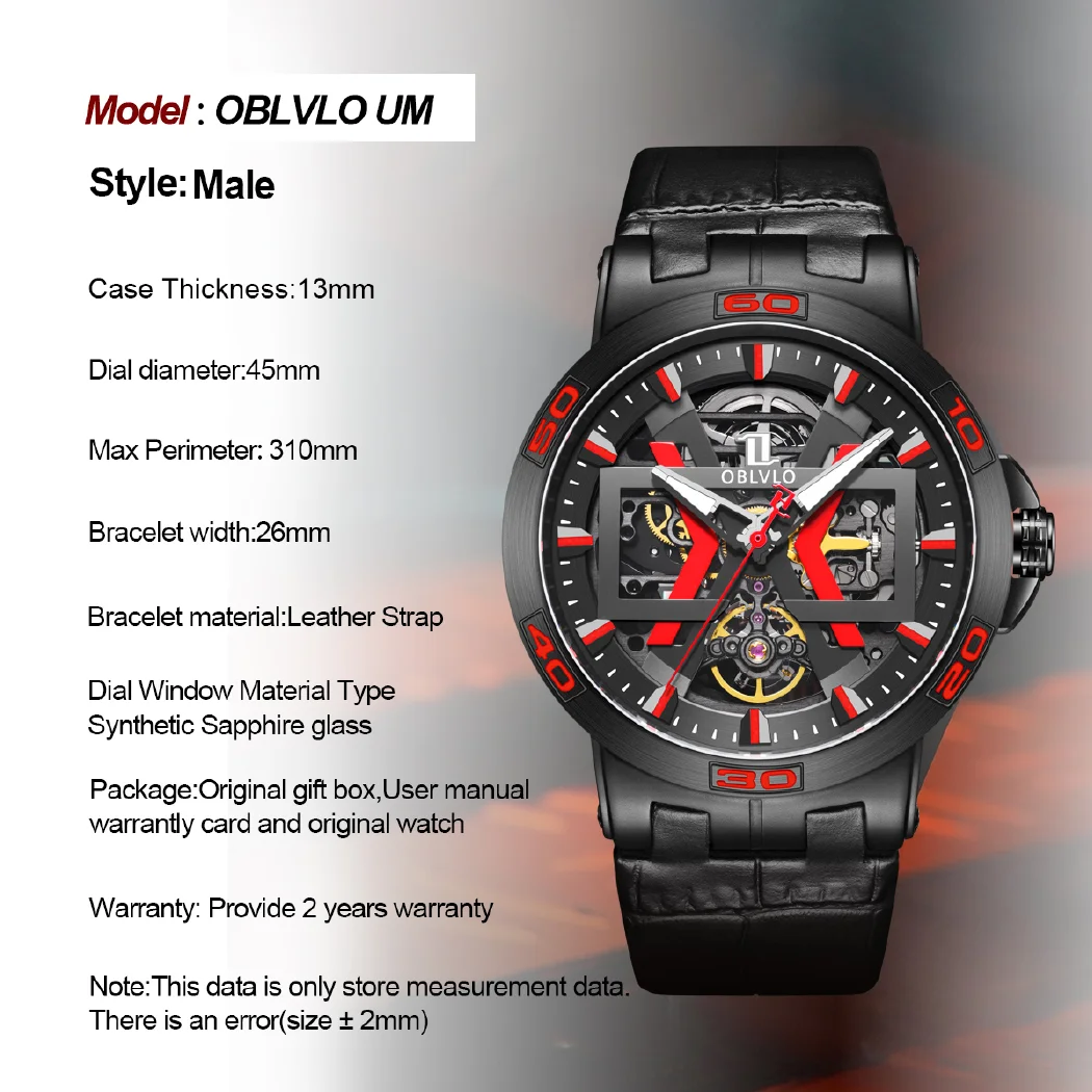 مستطيل الرياضة الهيكل العظمي مضيئة العسكرية التلقائي ساعة ميكانيكية للرجال الصلب حزام من الجلد الياقوت مقاوم للماء UM