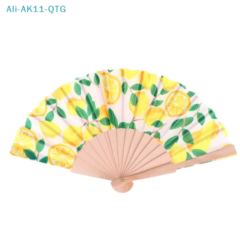 Lemon Print Folding Hand Fan Fruit Pattern Bamboo Fabric Handheld Fan For Summer Cooling Dance Performance Wedding Party Decor