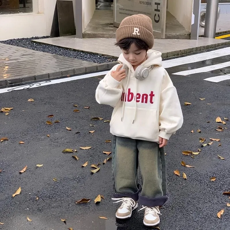 

2025 New Boys' Toddler Little Kids Thickened Fleece-Lined Hooded Hoodie - Stylish Spring Autumn Autumn Winter Boys' Top