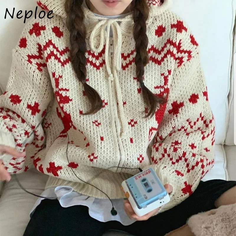 Neploe Hooded Collar Long Sleeve Jacquard Sweater Jacket Autumn Winter Vintage Cardigan Women Y2k Zipper Christmas Outerwear