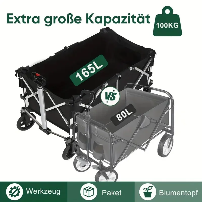 Sekey الألومنيوم Bollerwagen Faltbar XXL 165L، Faltbarer Bollerwagen Leichtgeweng، Klappbarer Bollerwagen Handwagen Faltwagen Be