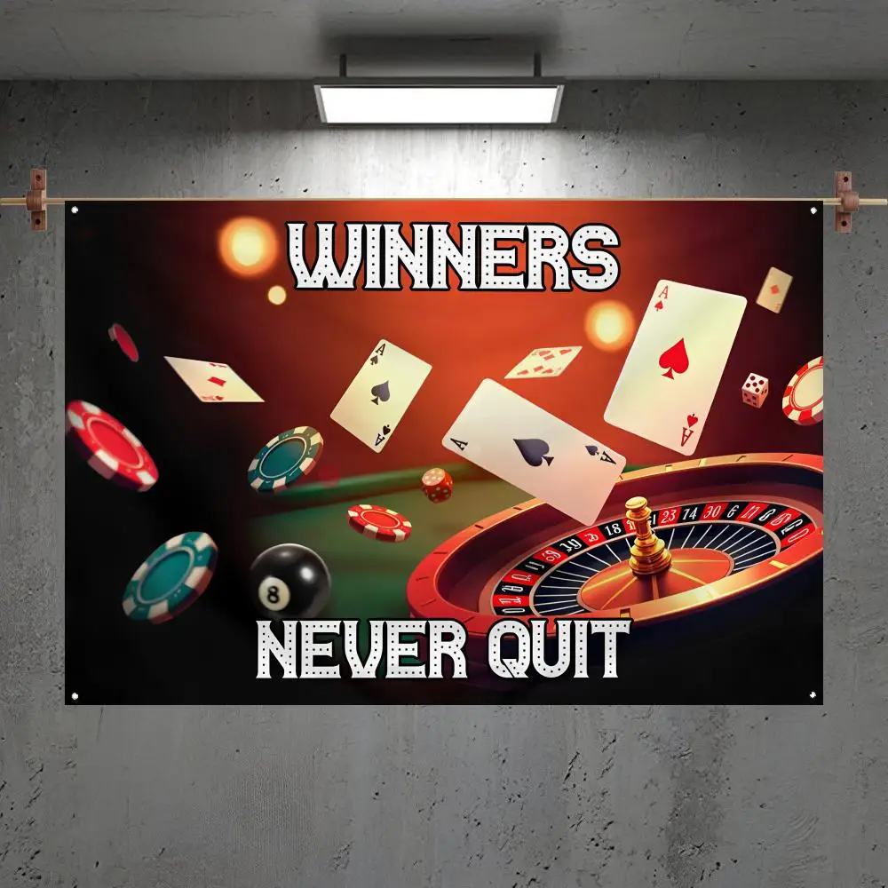 

WINNERS NEVER QUIT Funny Meme Flags Custom Camping Outdoor Garden Room Bedroom Decor Party Backdrops Wall Art Family Gifts
