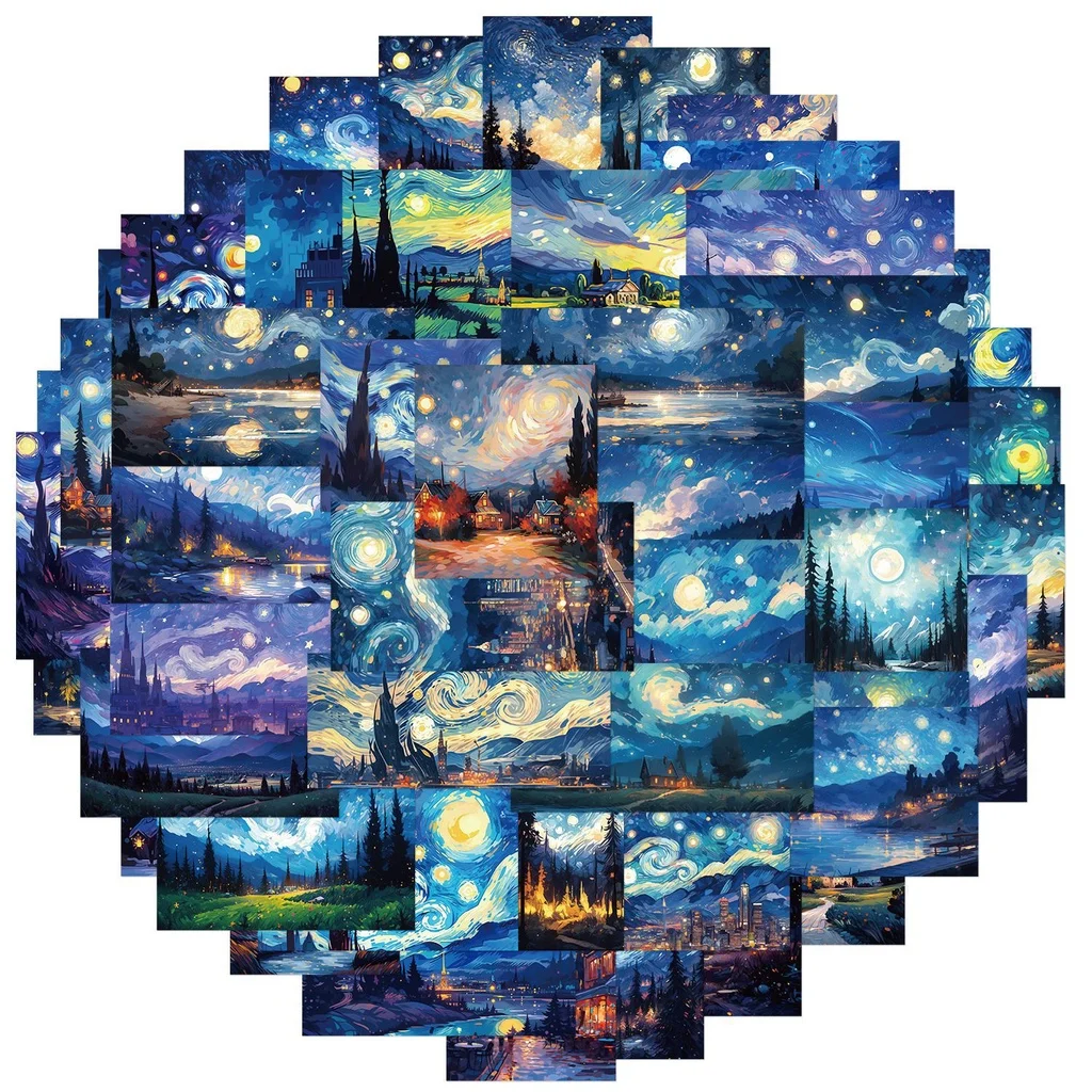 50PCS Cartoon Van Gogh The Starry Night Oil Painting Waterproof Graffiti Stickers for Helmet Hand Account Peel Joy Sticker Store