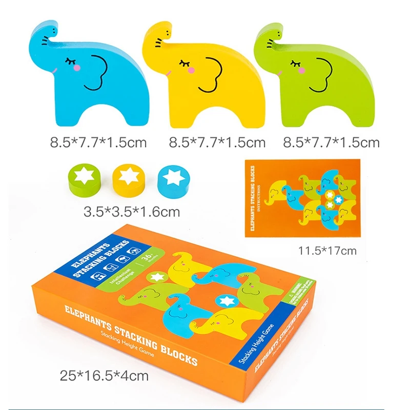 2023 Hot-Kids Houten Olifant Bouwstenen Balans Stapelen Spel Vroeg Educatief Puzzel Speelgoed