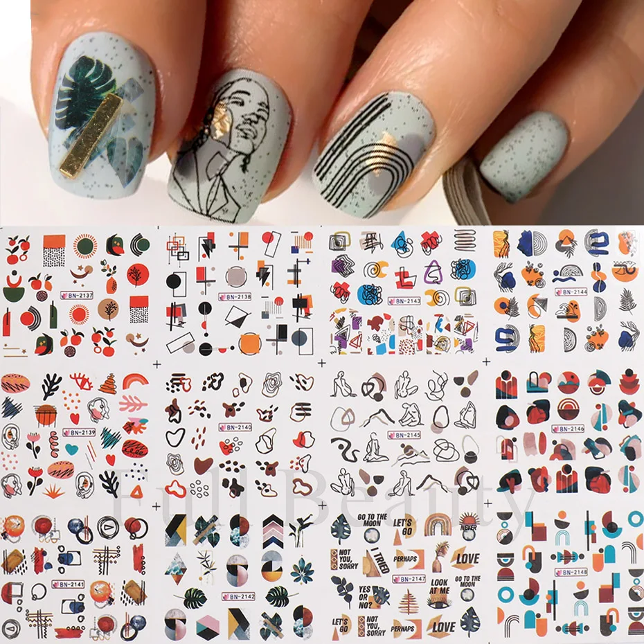 12pcs Abstract Lines Graffiti Nail Sticker Set Portrait Color Block Leaf French Design Slider Manicure Decor SABN2137-2148