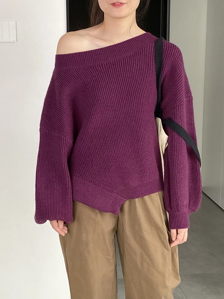 DEAT Fashion Slanted Collar Knitted Pullovers Women's Loose Off Shoulder Puff Sleeves Sweater Autumn Spring 2025 New 7AB6607