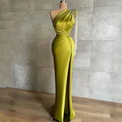 Green Satin Prom Dresses 2023 One Shoulder Long Sleeve Mermaid  Gown  Pleat Side Slit Formal Women's Wedding Party Dress