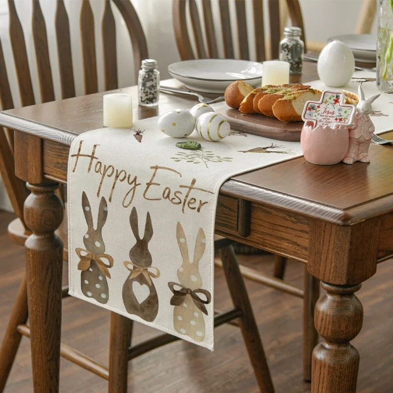 2024 Easter Rabbit Table Runner Linen Bunny Dining Table Cloth Placemat Spring Holiday Happy Easter Decoration For Home Kitchen