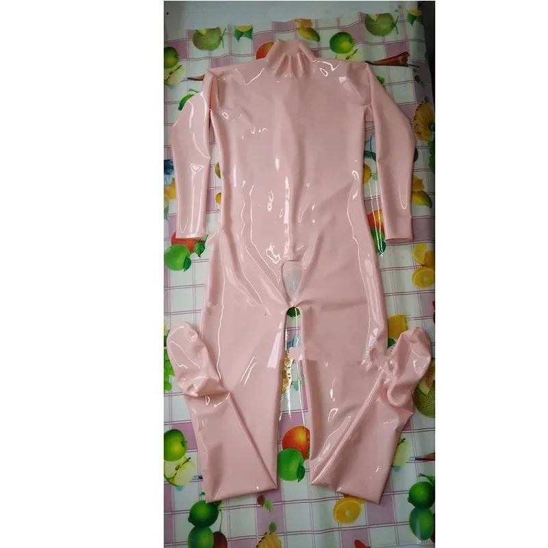 Baby Pink Men Latex Rubber Catsuit Socks Open Hole for Sheath with Back Zipper