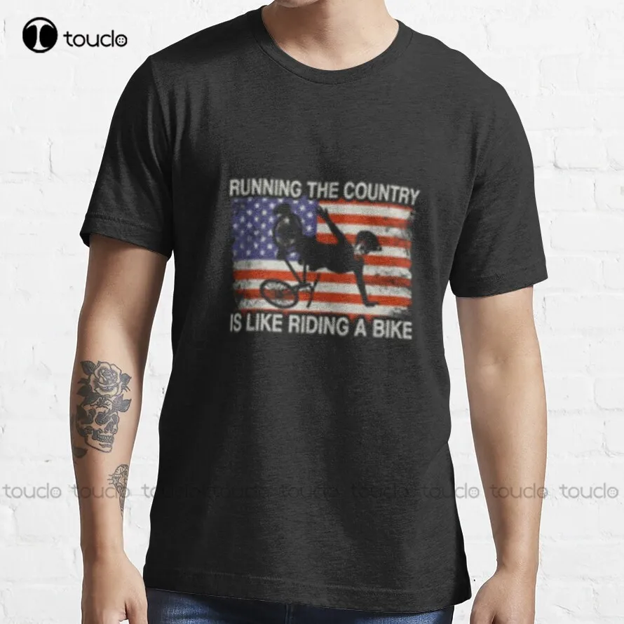 Running The Country Is Like Riding A Bike Flag Biden Falls Trending T-Shirt Shirt For Men Outdoor Simple Vintag Casual T Shirts