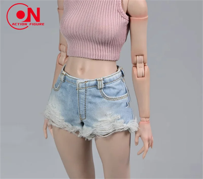 1/6 Schaal Vrouwelijke Gewassen Denim Vest Been Cover Shorts Rimpel Gat T-shirt Kleding Model Fit 12 ''Soldaat Action Figure body Poppen
