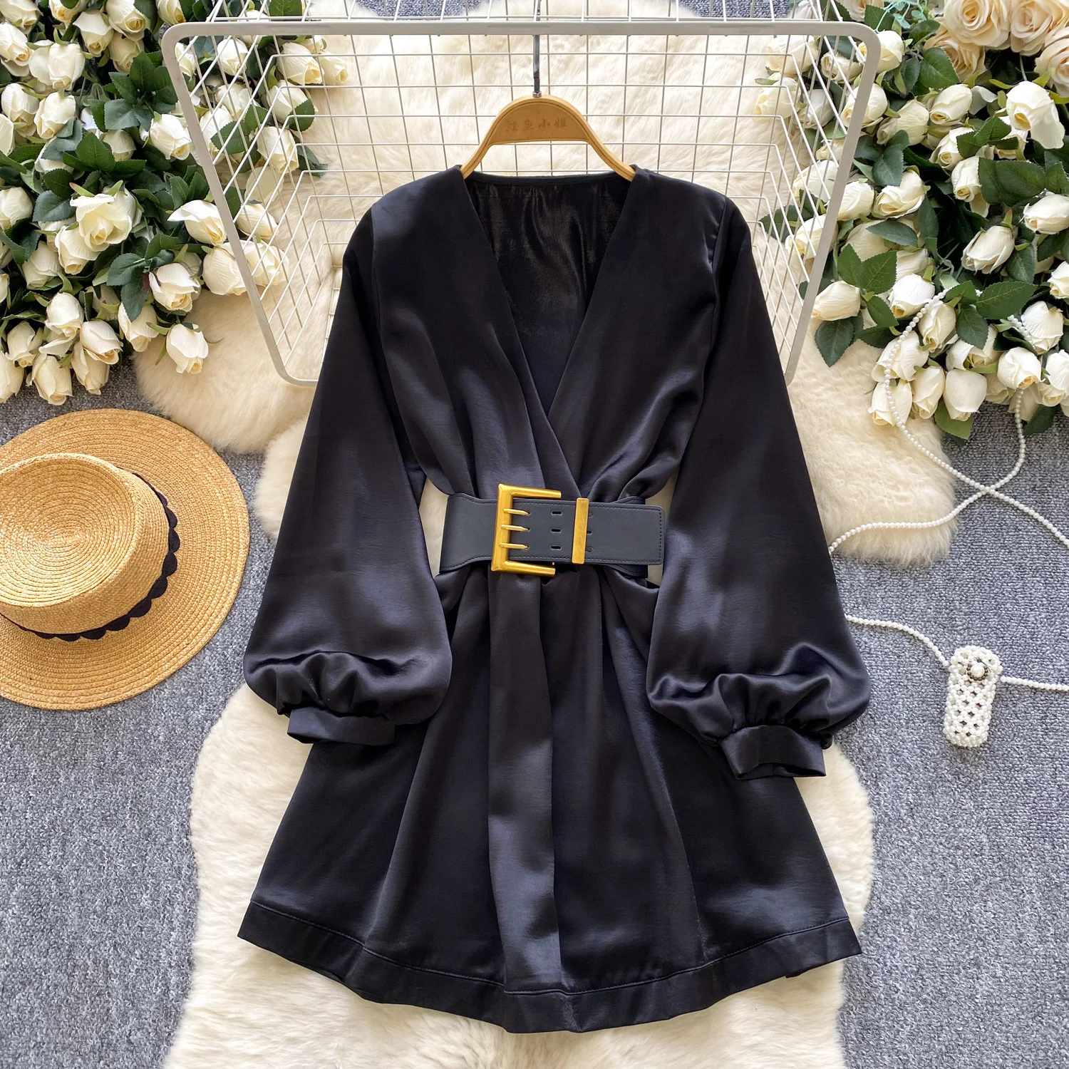 Chique sexy elegante satijnen V-hals ruches met lange mouwen A-lijn fee herfst vestidos deel dameskleding