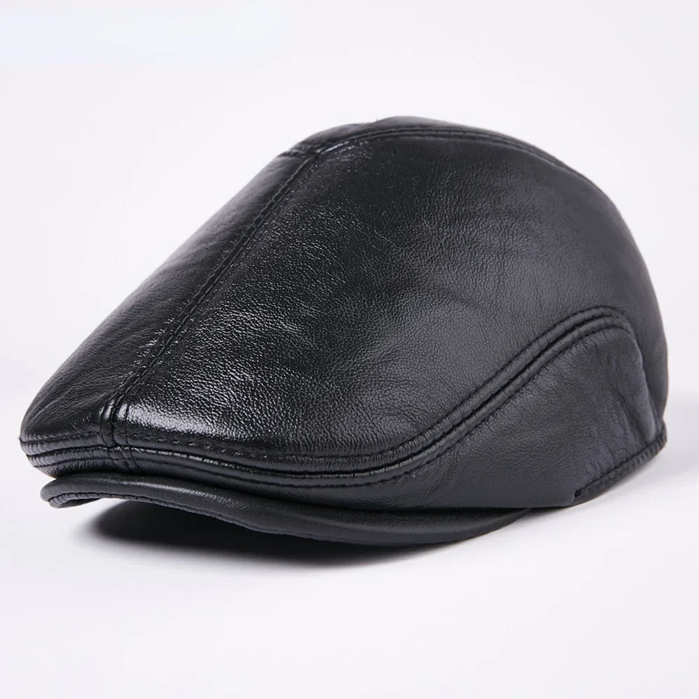 FLAT CAP Winter Hats for Men Genuine Leather Berets Duckbill Male Real Leather Cowskin Flat Caps Warm Thick Cabbie Driving Caps