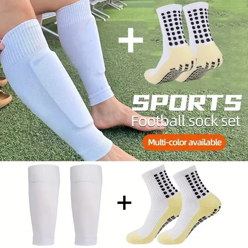 2 Pairs Anti-Slip Silicone Bottom Football Socks and Sports Leg Sleeves Set Men Breathable Running Soccer Cycling Sports Socks