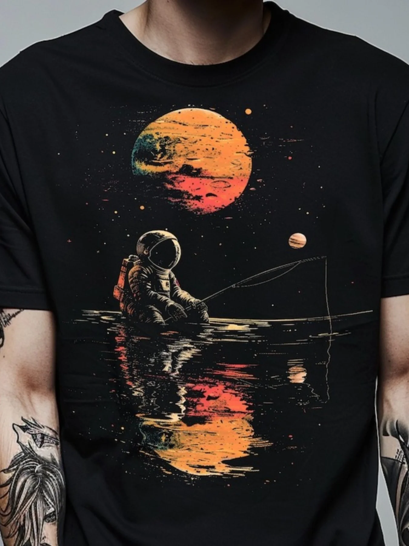 Men's Retro Space Theme Astronaut T-Shirt - Retro Mars and Moon Design with Space Suit Design, Orange-Red Accents, Crew Neck, Medium Stretch Fabric - Suitable for Everyday Wear, a Gift for Space Enthusiasts