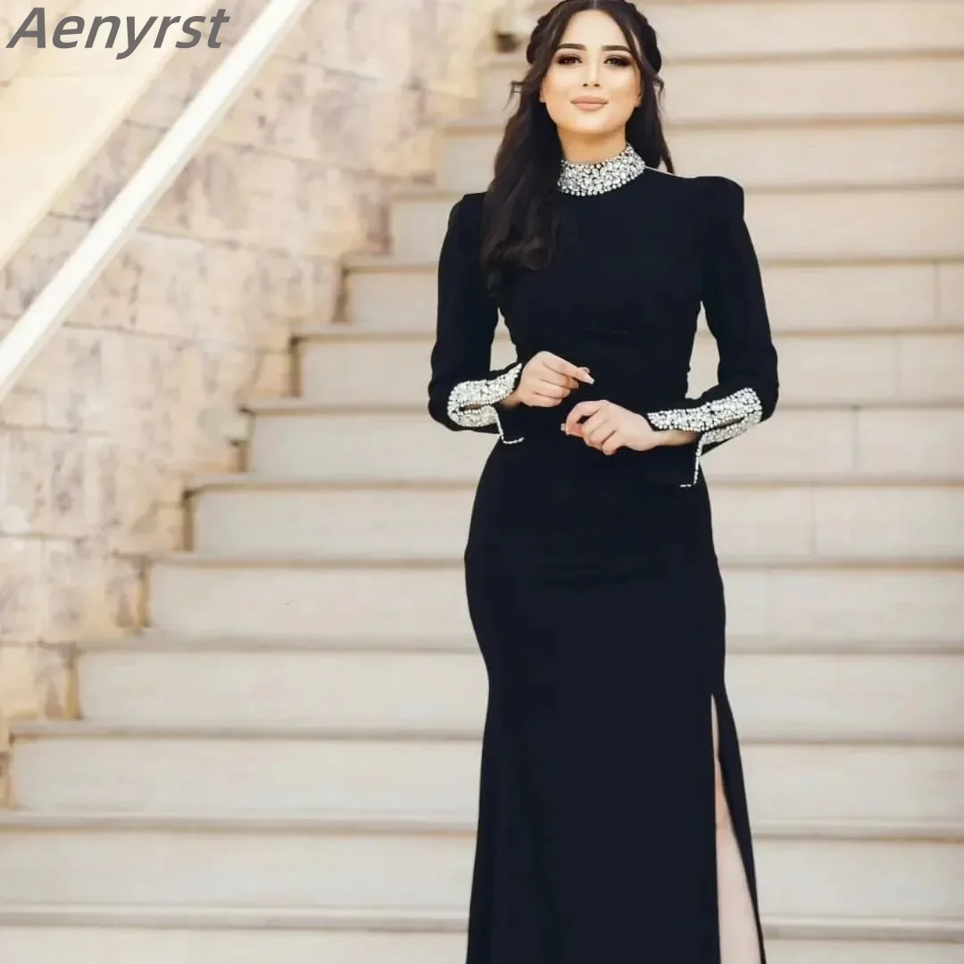 Elegant custmized Evening Dresses High Neck Beaded Crystal Mermaid Prom Dress Side Split Long Sleeves Floor Length Party Gown