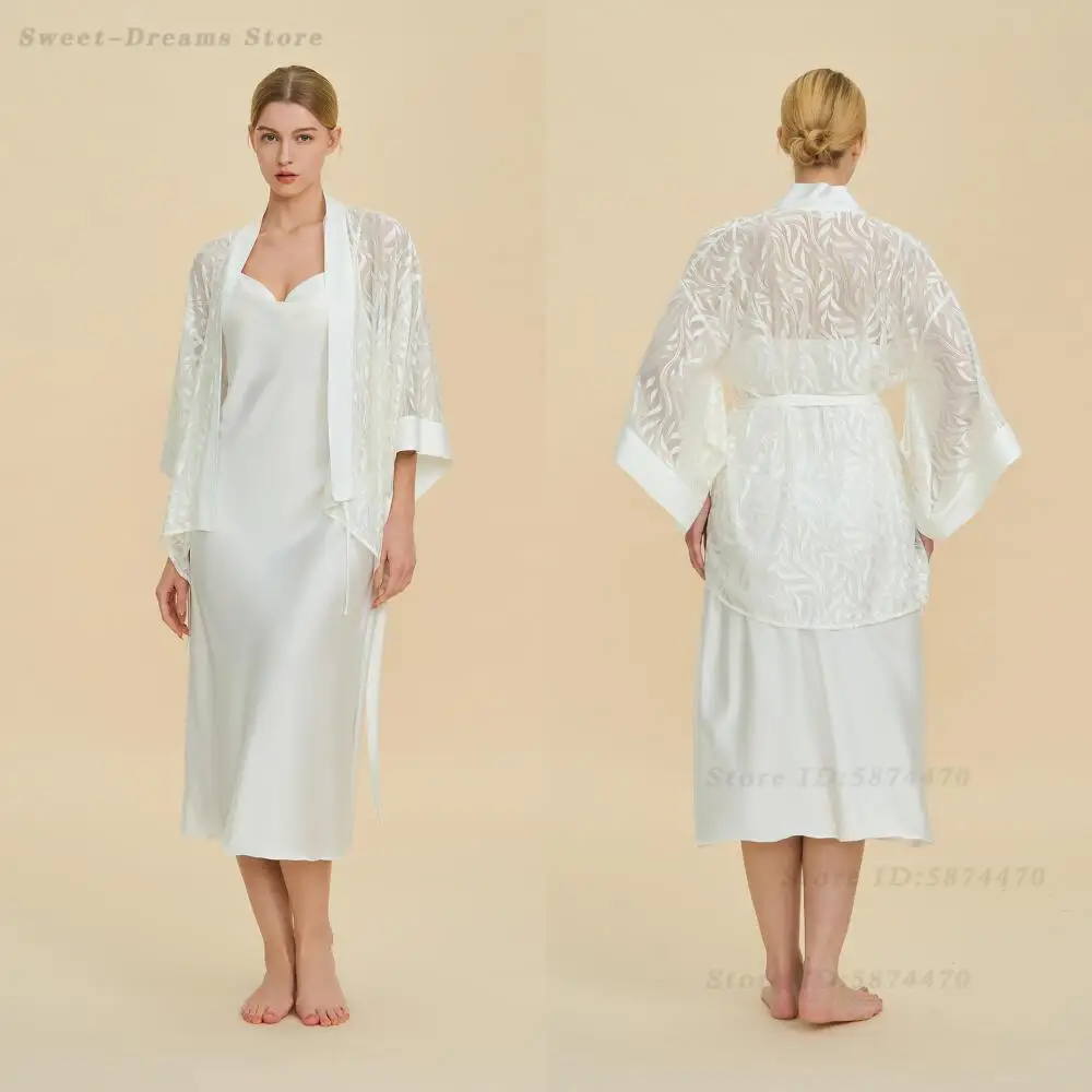 Elegant Perspective Cardigan Robe Nightgown Set Sexy Long Spaghetti Strap Nightdress Lingerie Home Wear Satin Chiffon Sleepwear