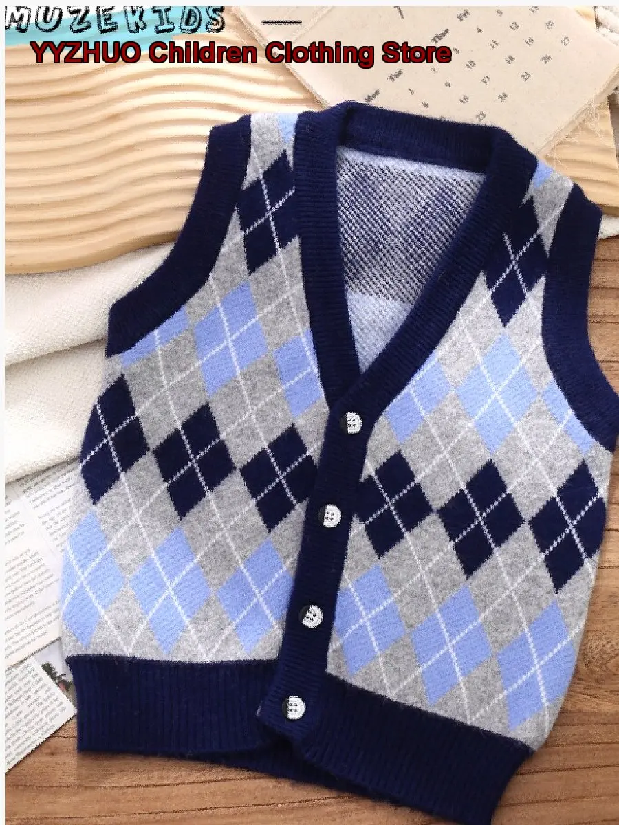 Kids Vest Boys Girls Autumn Winter Button Front Wool Knit Waistcoat Thickened Warm Trendy Older Kids