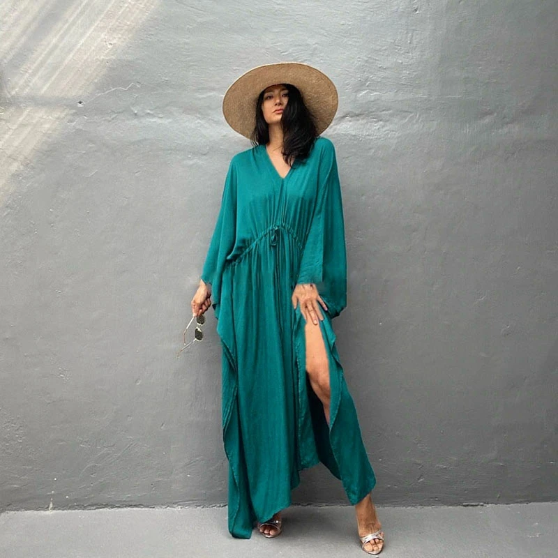 Front Backside Deep V-Neck Kaftan Women Elegant Muse Dresses Red Color Casual Party Caftan Drawstring At Waist Design Robe Chic