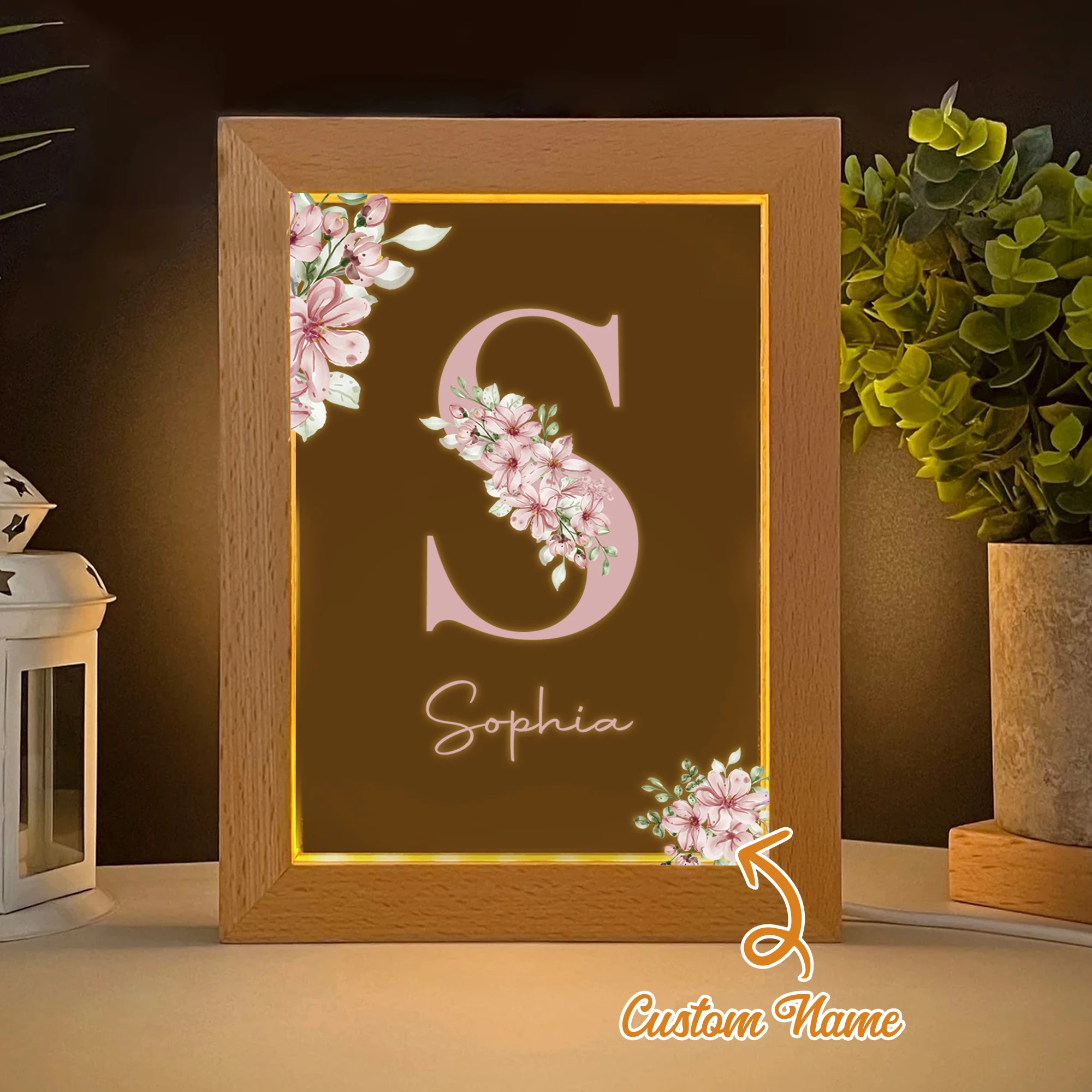 

Pink Bouquet Custom Name LED Night View Photo Frame Personalized Gift Family Living Room Bedroom Dining Room Home Decoration