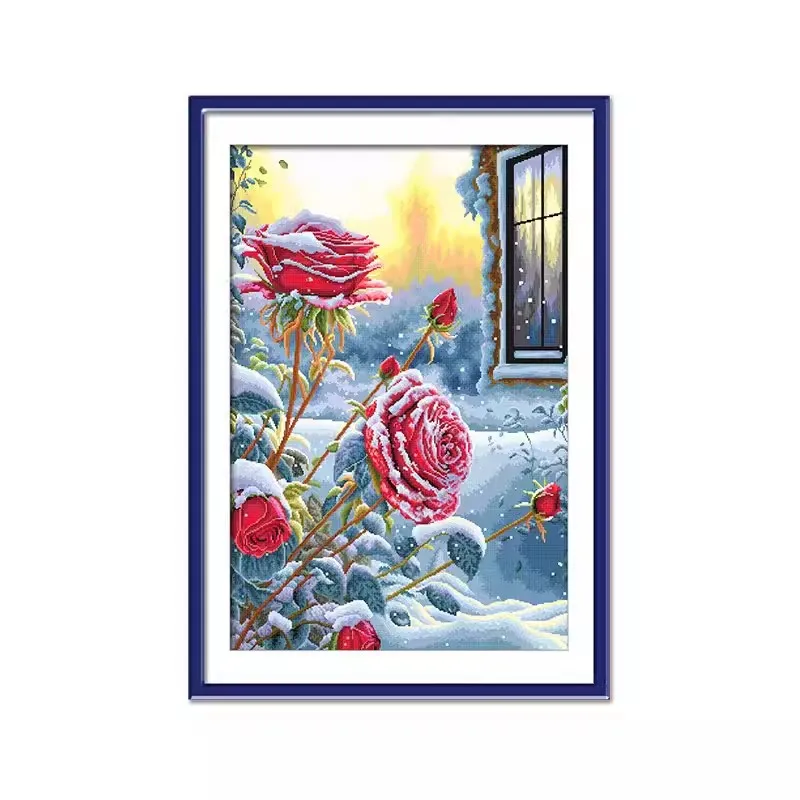 

14ct 56X76cm Winter Snow Rose Pre-Printed Cross Stitch DIY Embroidery Set Handmade Handicraft Floss Needle Crafts 72 Colors