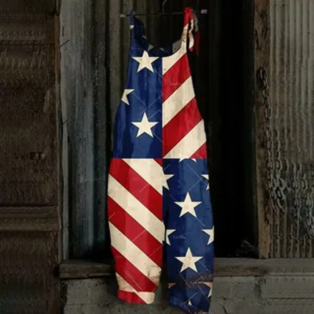 

2025 Women's Summer thin jumpsuit, 3D American Flag series printed fashionable and versatile jumpsuit, adjustable shoulder strap