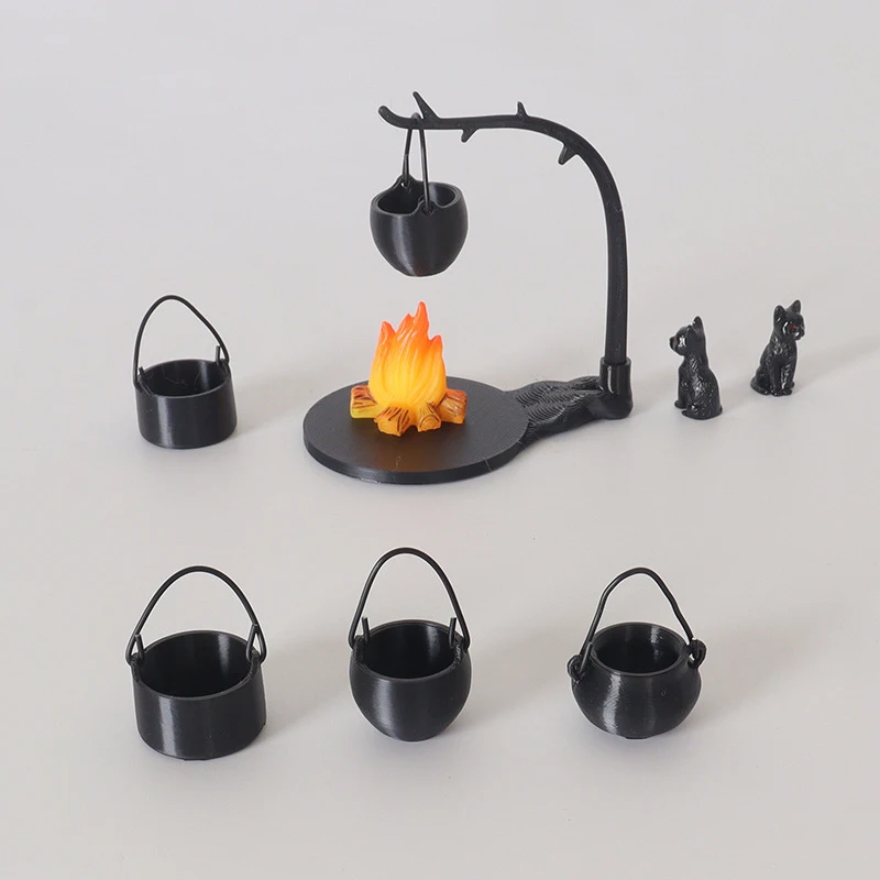 4/5Pcs Dollhouse Mini Hanging Stove Stockpot Fire Pile Model Dollhouse Outdoor Camping Scene Decoration Dolls House Accessories
