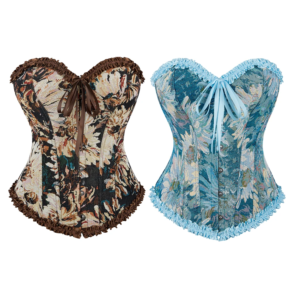 Blue Brown Lace Trim Overbust Corset Floral Oil Printing Bustier Top Medieval Basques Corselet