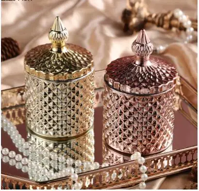 

Golden/silver Candy Jar Glass Storage Jar Minimalist Gilded Candle Jars with Lid Dressing Table Jewelry Box Cosmetic Containers