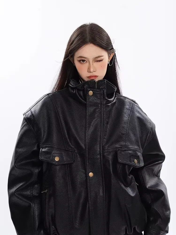Vintage Pu Leren Jas Vrouwen Oversized Moto Biker Jas Herfst Windjack Koreaanse Stijl Dikke Zwarte Motorjas