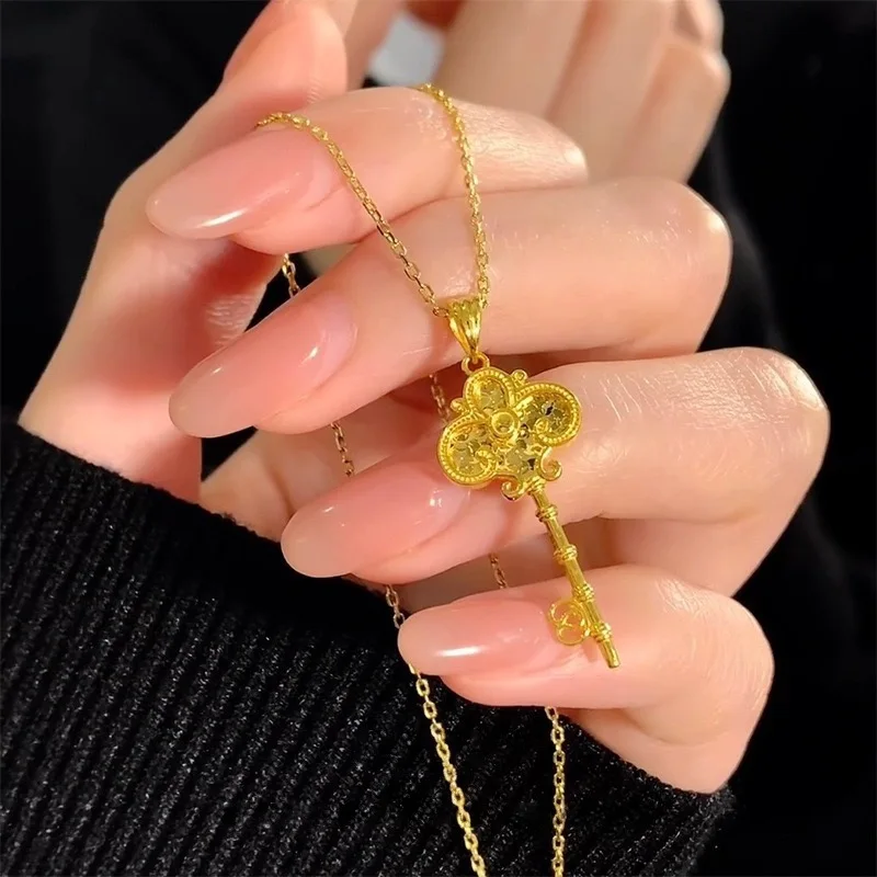 

Luxury 24K 9999 Pure Gold real gold Women's Ice Key Pendant Necklace
