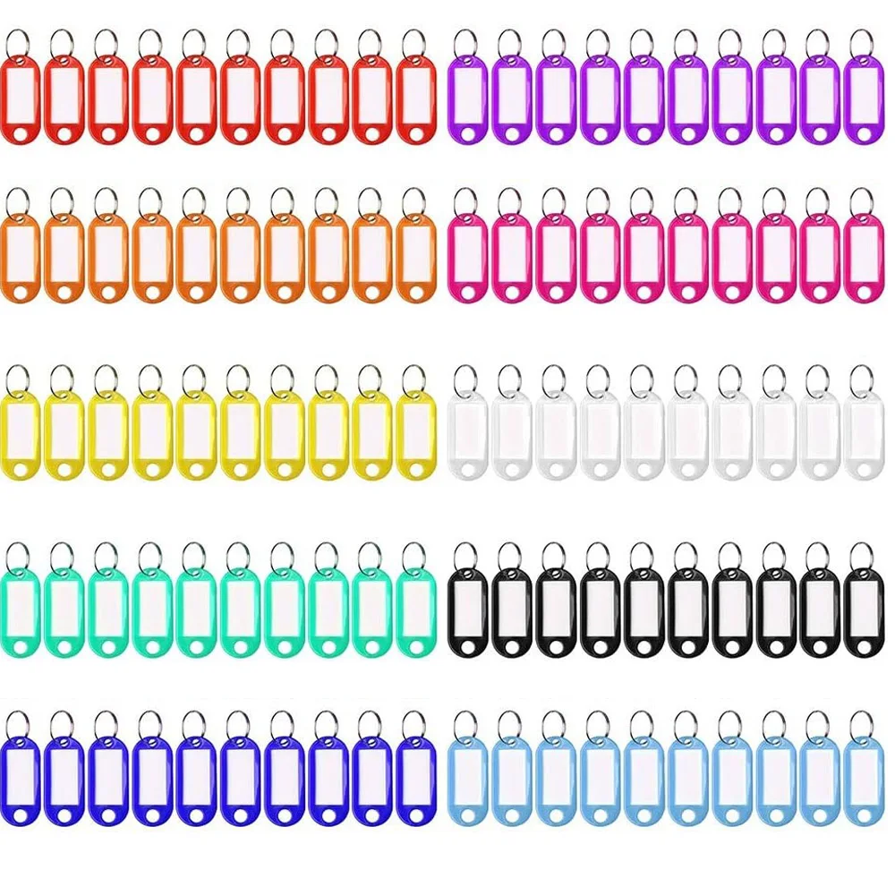 100 PCS KeyChain Labelable Plastic DIY Name Ring for Baggage Paper Labeling to Key Suitcases Pets Tag Accessories Multi-Color