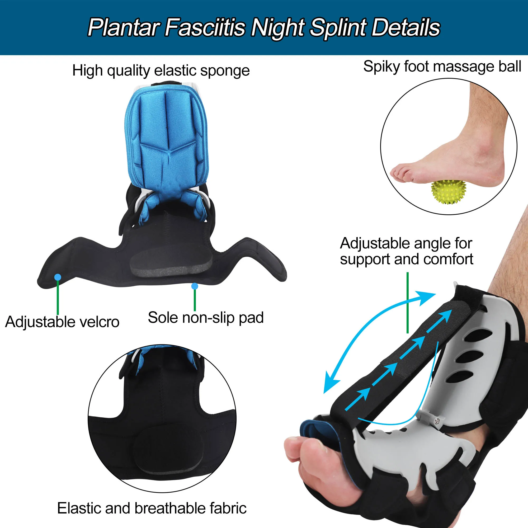 Foot Night Splint with Massage Ball for Pain Relief by Plantar Fasciitis, Achilles Tendonitis, Foot Drop, Flat Arch, Heel Spur