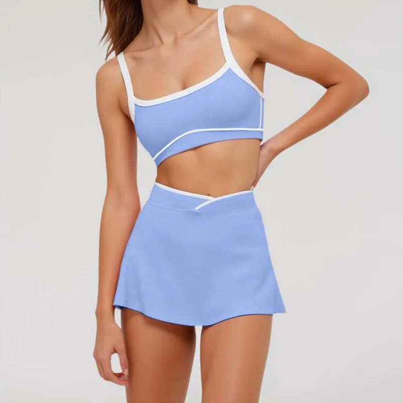 

Бюстгальтер со сращенными бретелями, комплект одежды для йоги, дышащая теннисная юбка для бега, фитнеса, спортивный комплект, одежда для уличного тенниса и фитнеса для женщин