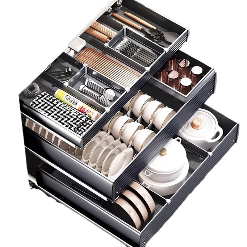 

Basket Kitchen Cabinet Drawer Type Space Aluminum Alloy Triple Built-in Pots Dish Rack Seasoning Bowl Basket