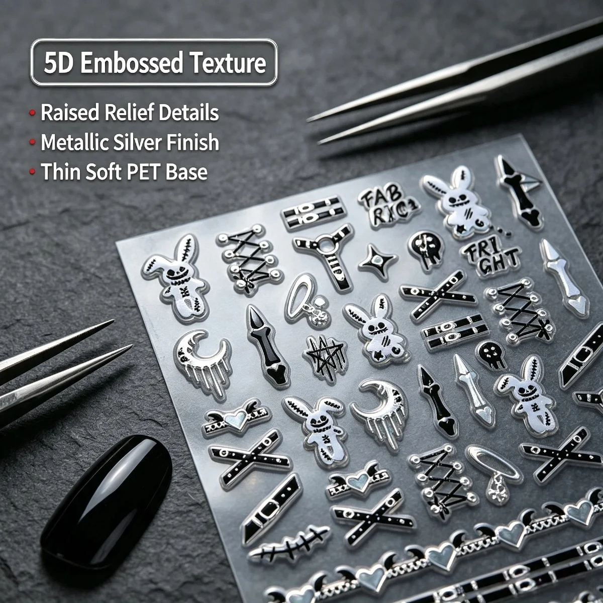 Dark Stitched Doll Niche Spooky Rabbit Nail Stickers, Y2K Girl DIY Liquid Metal Moon Vintage Ridge Texture Nail Decorations