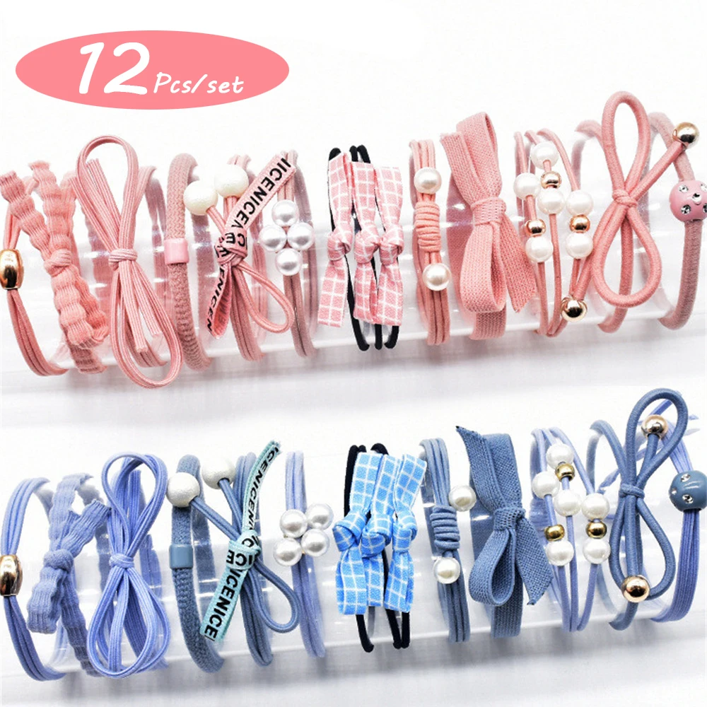 12pcs/set Lovely High Elastic Hair Ties Pearl Bow Ponytail Holder Hair Rope Hair Accessories For Girls Women