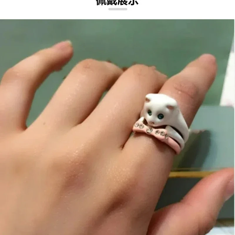 Sweet Fashion Design Sense Enamel Color Glaze White Kitten Pink Bowknot 3pieces Ring Set Cute Pet Ring for Girlluxury Designer