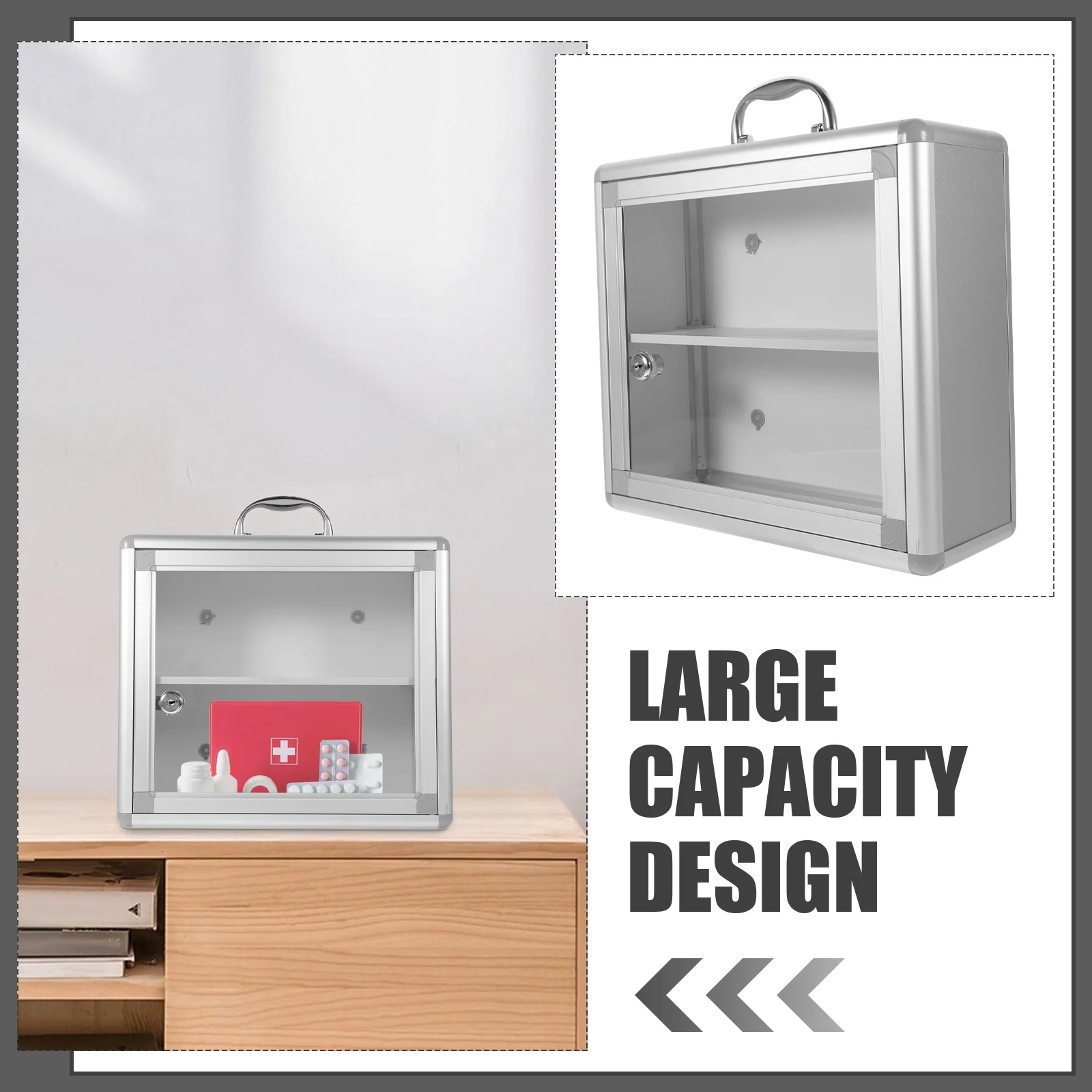 Visible Locking Case Emergency Medicine Box Transparent Aluminum Alloy Box Wall-mounted Medicine Cabinet with Lock 30X26X11CM