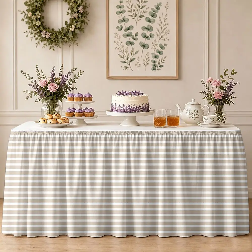 1 piece of 2D flat banner - party table skirt decoration - light white horizontal striped ruffled table edge