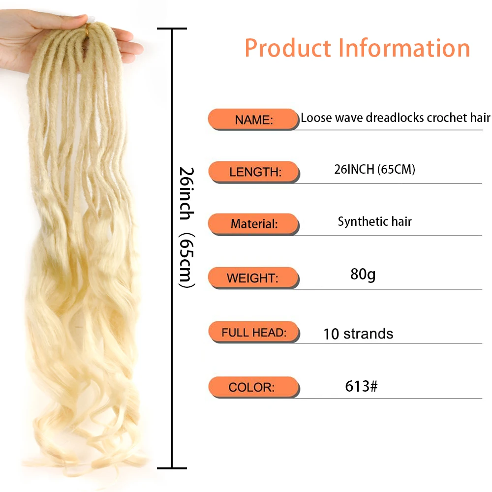 Synthetic Double Wavy Dreadlock Extensions 26 Inch Dreadlock Boho Style Crochet Braiding Hair Extensions for Women
