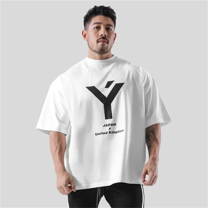 2023 Summer Oversize GYM Style Fitness Sports Men\'s Short Sleeve T-shirt Fashion Casual Cotton Loose Tees Tops