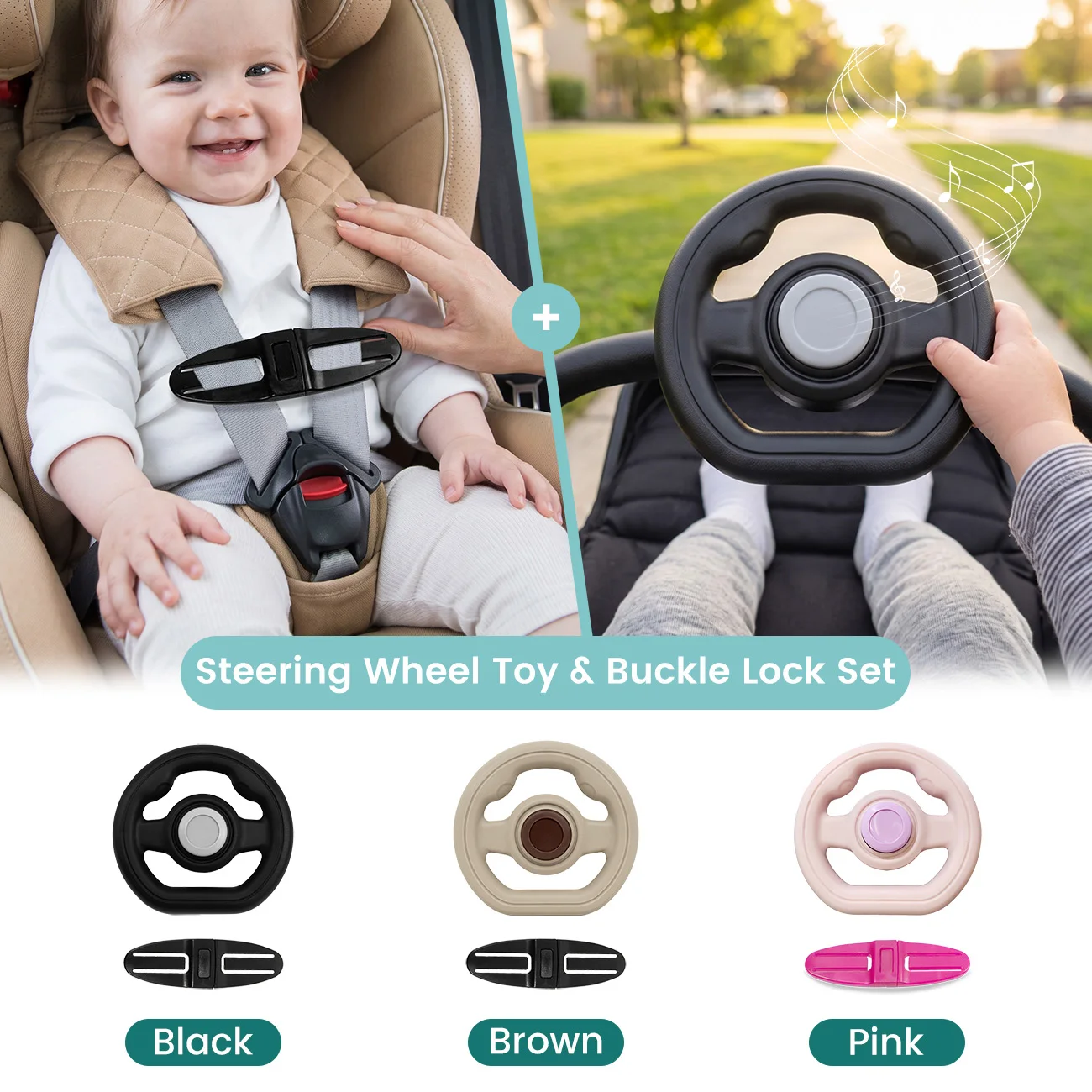 Baby Stroller Steering Wheel Toy & Harness Buckle Clip Set, 360° Rotation Sound Steering Wheel, Car Seat Chest Strap Buckle Lock
