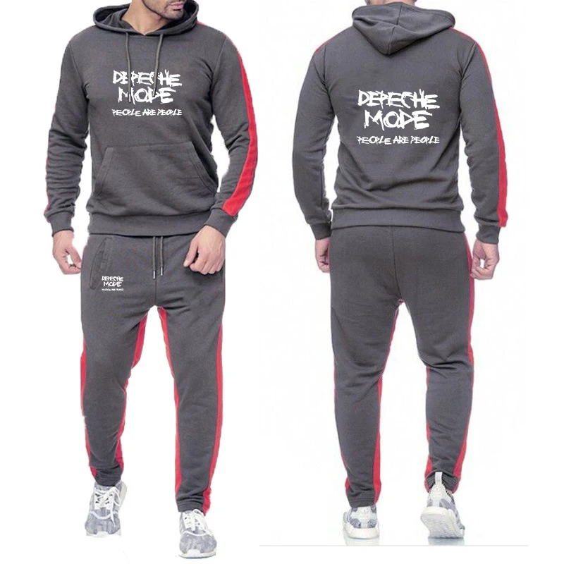 

2025 Spring And Autumn Depeche Mode Print Men New High Quality Drawstring Hoodies+Casual Sweatpants Solid Color Suit